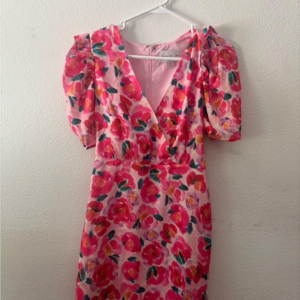 Adelyn Rae Red and Pink Ruched Wrap Midi Dress